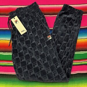 FILA Jacquard Velour Trackpants Men's L Navy Blue Logo Pattern Sweatpants Pants